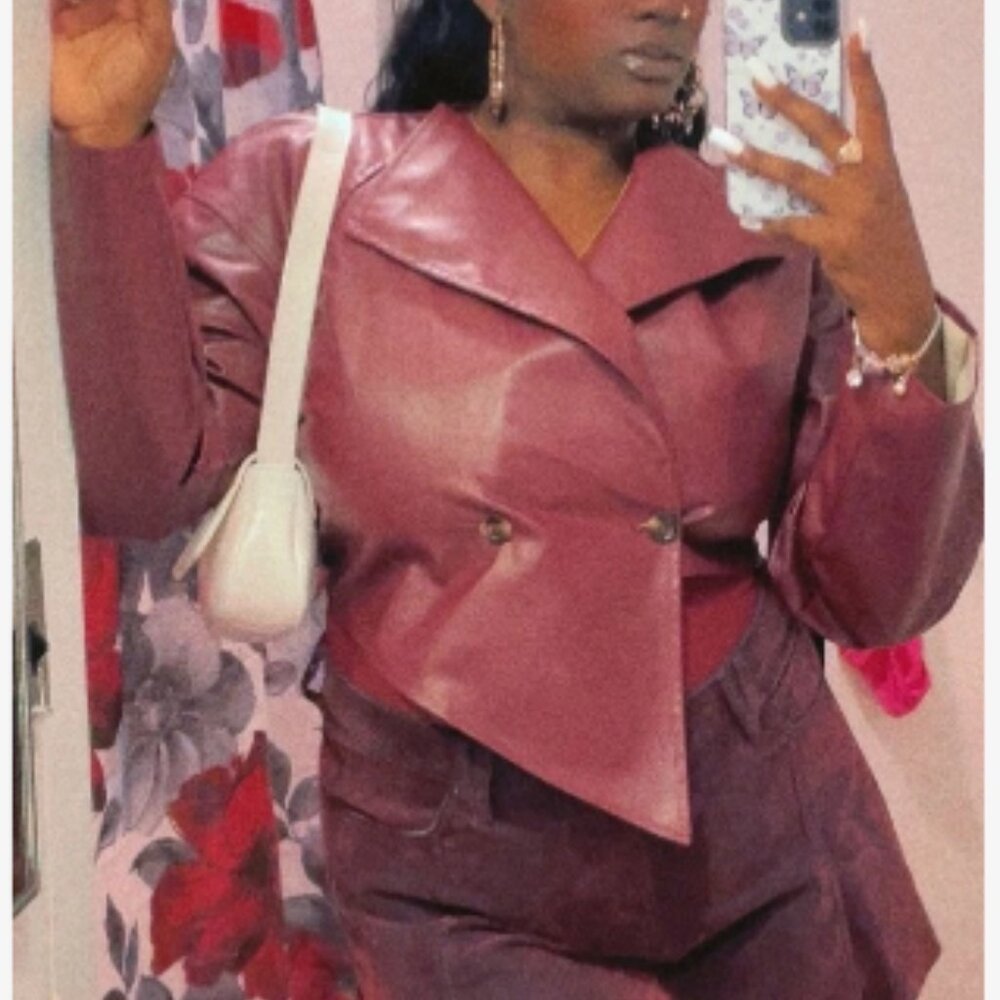 Bam Gleam Women's Casual Oversized Lapel Asymmetrical Jacket Burgundy Leather